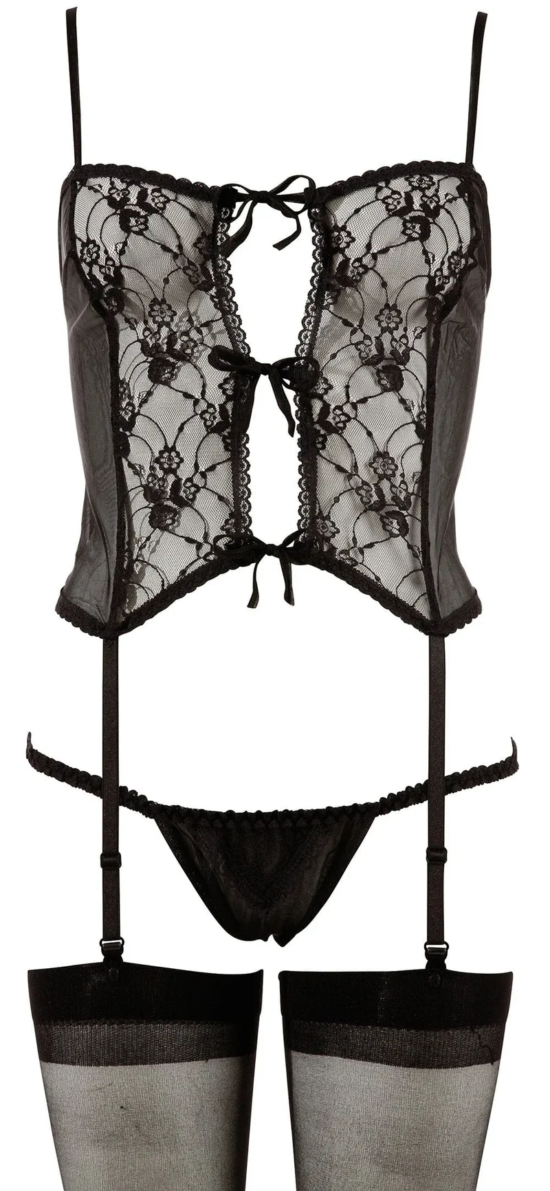 Guêpière Portejarretelles Dentelle Noire Cottelli Ensemble Trois Pièces Floral Résille Arrière Bretelles Réglables Culotte Transparente Bas Assortis Séduction Élégance Confort