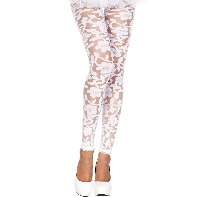 legging blanc transparent motif fleuri relief élégant moderne sexy extensible confortable nylon élasthanne ajustement parfait polyvalent soirée quotidien chic sensualité