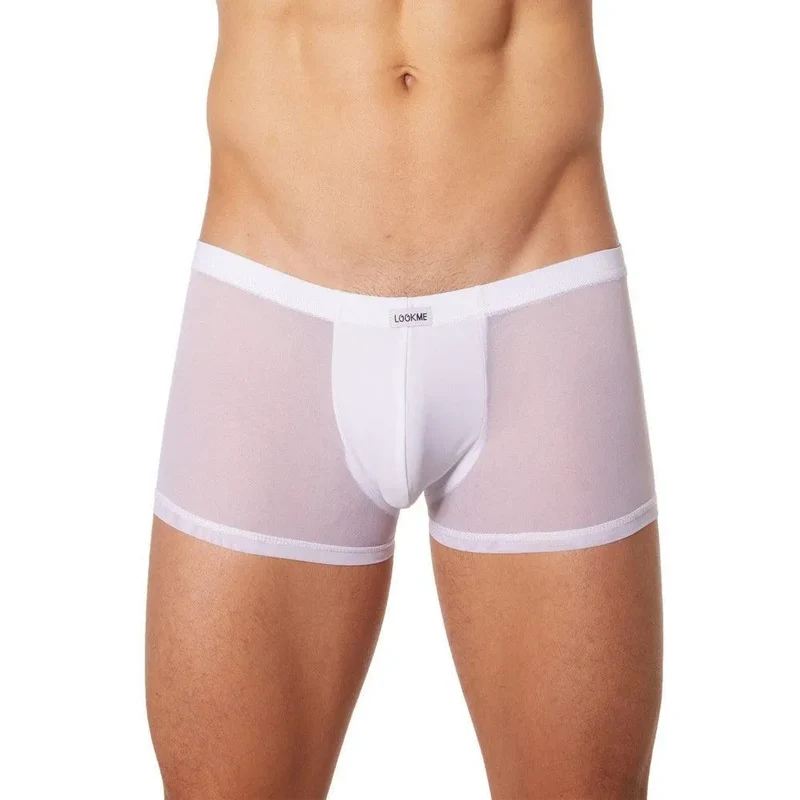 boxer homme blanc transparent wetlook maille fine avant brillant arrière coupe ajustée extensible polyester elasthanne maintien confortable sexy élégant audacieux