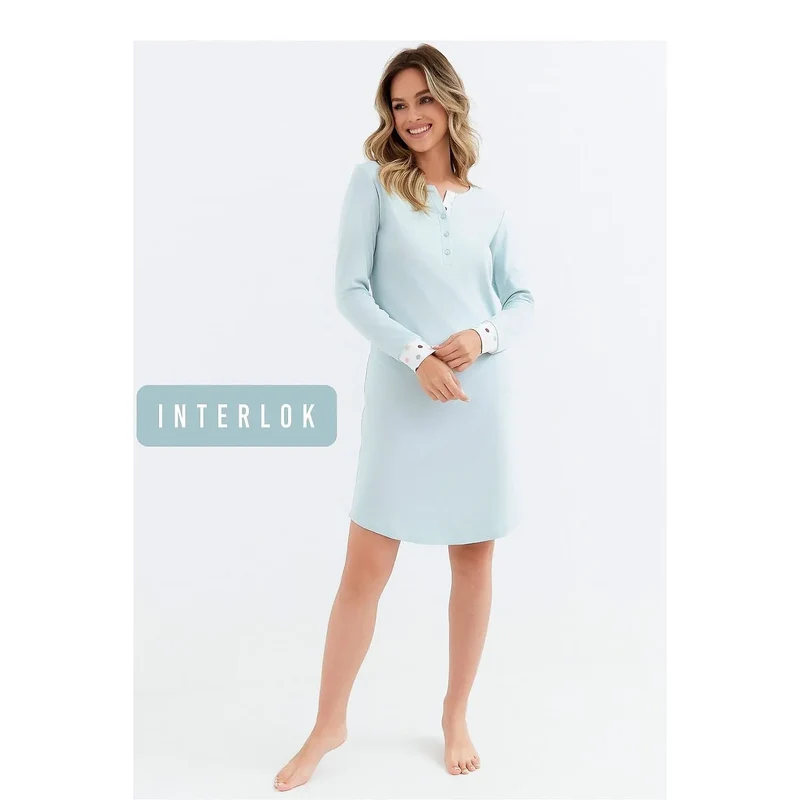 chemise nuit coton maille confortable douce manches longues col rond boutonnage discret poignets contrastés coupe ample longueur genou bleu pastel
