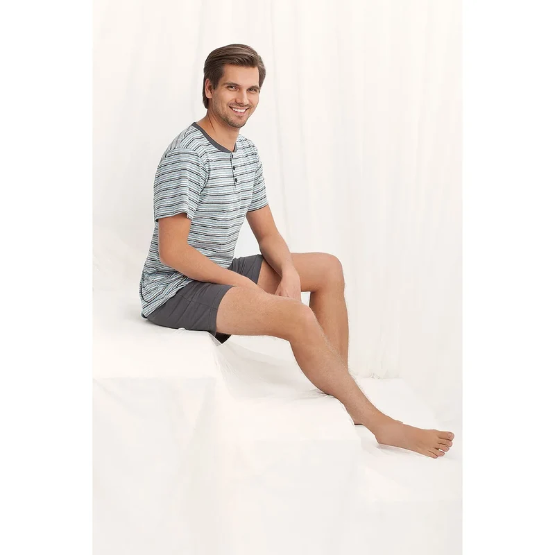 pyjama classique homme Luna côtelé rayé manches courtes short gris foncé bleu blanc respirant doux confortable élégant intemporel