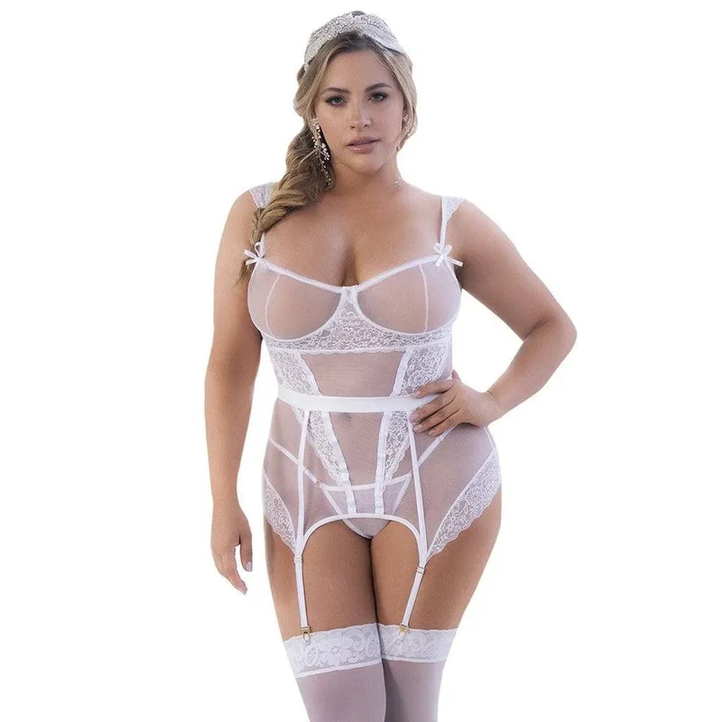 guêpière blanche grande taille Mapalé dentelle résille extensible élégante confortable ajustable bretelles satinées dos corset lanières croisées sculptante