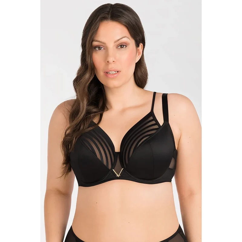 soutiengorge poitrine forte décolleté plongeant armatures latérales bretelles doubles fixes bande réglable tissu mixte opaque transparente