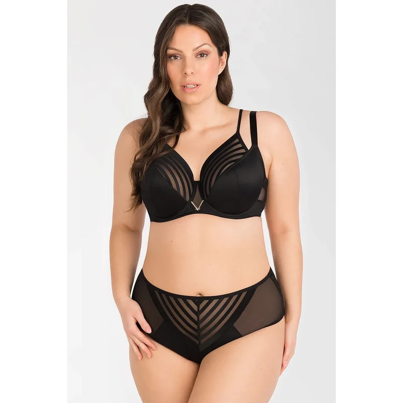 soutiengorge poitrine forte décolleté plongeant armatures latérales bretelles doubles fixes bande réglable tissu mixte opaque transparente
