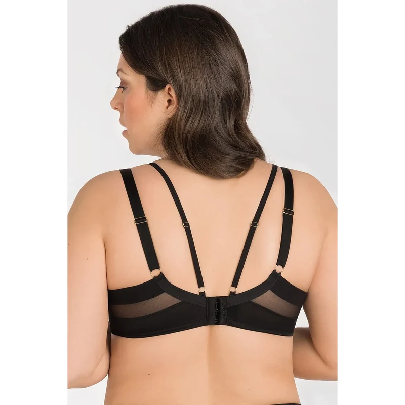 soutiengorge poitrine forte décolleté plongeant armatures latérales bretelles doubles fixes bande réglable tissu mixte opaque transparente