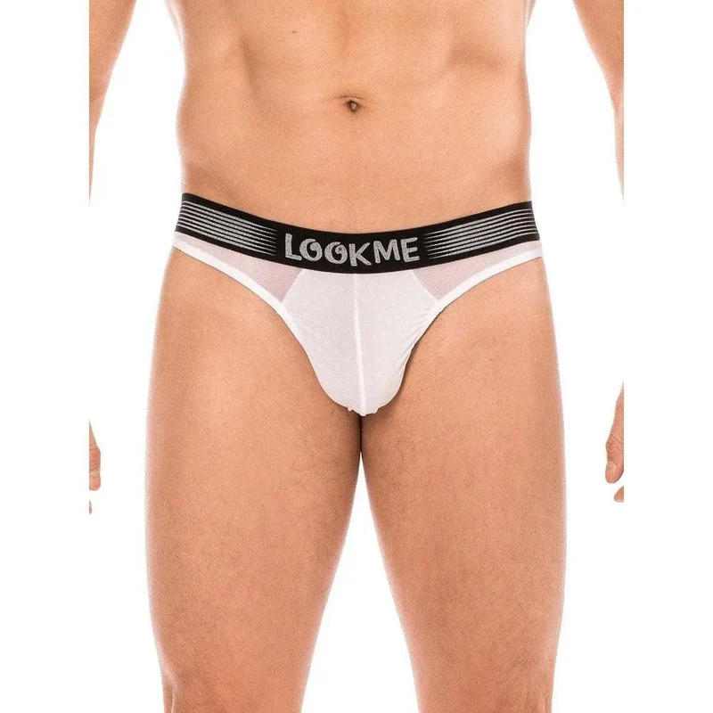 slip homme sexy string blanc large ceinture élastique siglé mélange tissu opaque résille transparente coupe tendance confortable polyamide elasthanne échancré