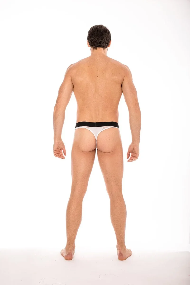 slip homme sexy string blanc large ceinture élastique siglé mélange tissu opaque résille transparente coupe tendance confortable polyamide elasthanne échancré