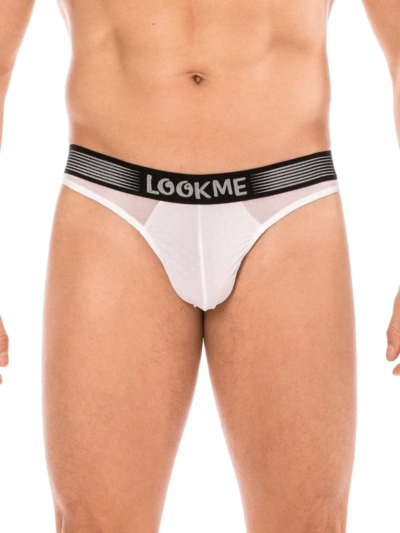 slip homme sexy string blanc large ceinture élastique siglé mélange tissu opaque résille transparente coupe tendance confortable polyamide elasthanne échancré