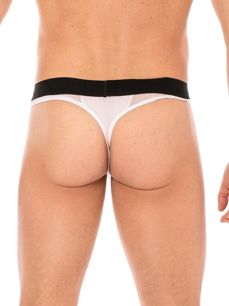 slip homme sexy string blanc large ceinture élastique siglé mélange tissu opaque résille transparente coupe tendance confortable polyamide elasthanne échancré