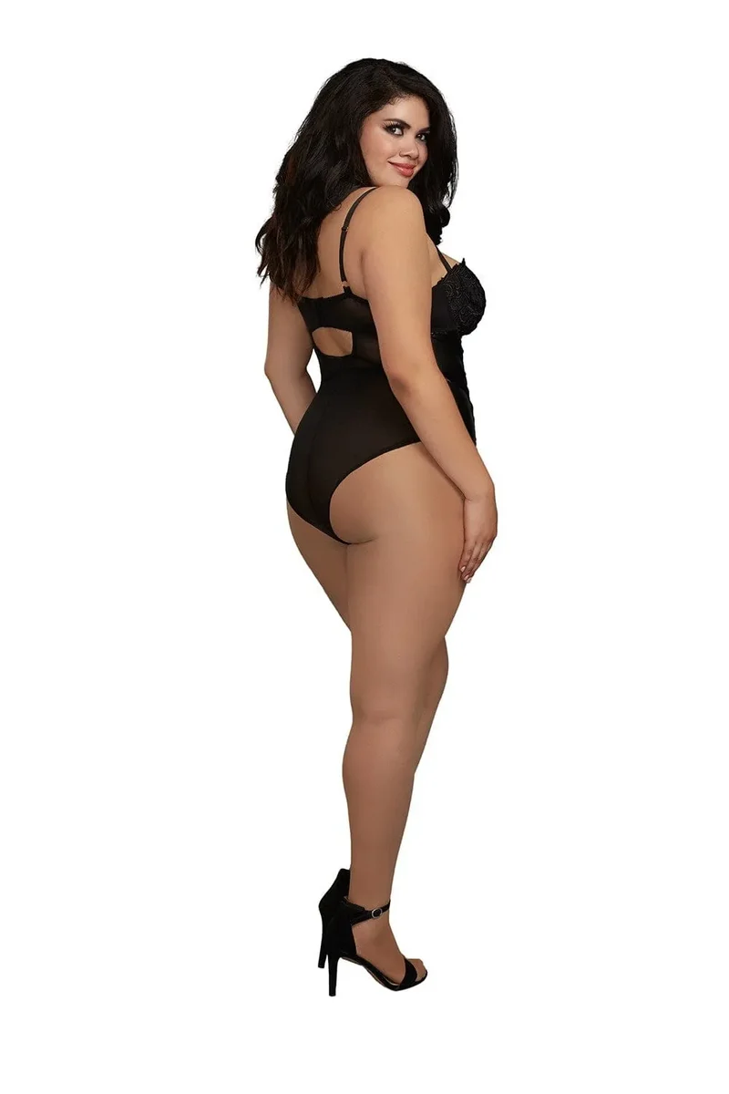 Body string grande taille dentelle noire simili cuir stretch bretelles réglables bonnets moulés armature maintien ouverture bouton entrejambe glamour