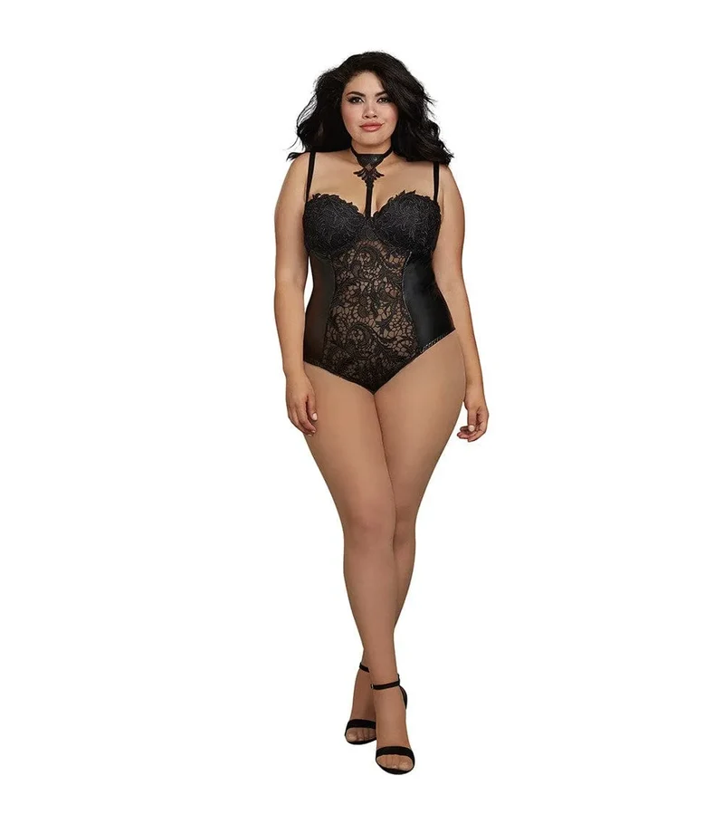 Body string grande taille dentelle noire simili cuir stretch bretelles réglables bonnets moulés armature maintien ouverture bouton entrejambe glamour