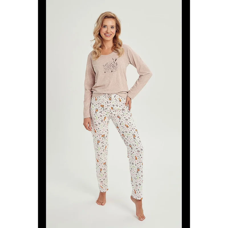 Pyjama femme coton haute qualité confort style intemporel encolure demi-ronde pantalon motif animal nature beige blanc