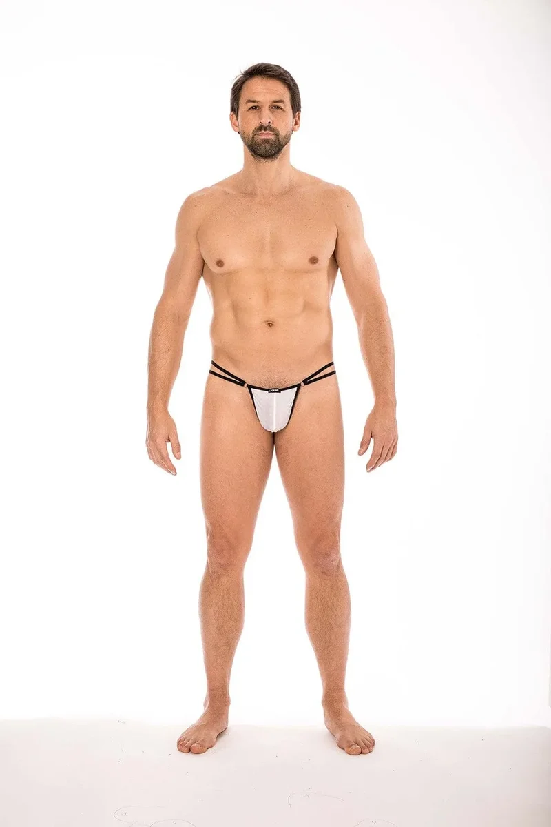 string sexy blanc mini épuré sensuel confortable polyamide élasthanne lanières anneaux triangle arrière audacieux chic coquin glamour séduisant