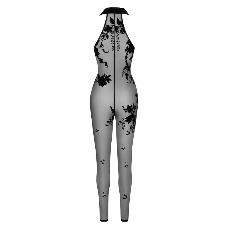 combinaison dos nu maille floquée fleurs sauvages fermeture éclair cachée trois voies matière élastique silhouette séduisante élégante noire
