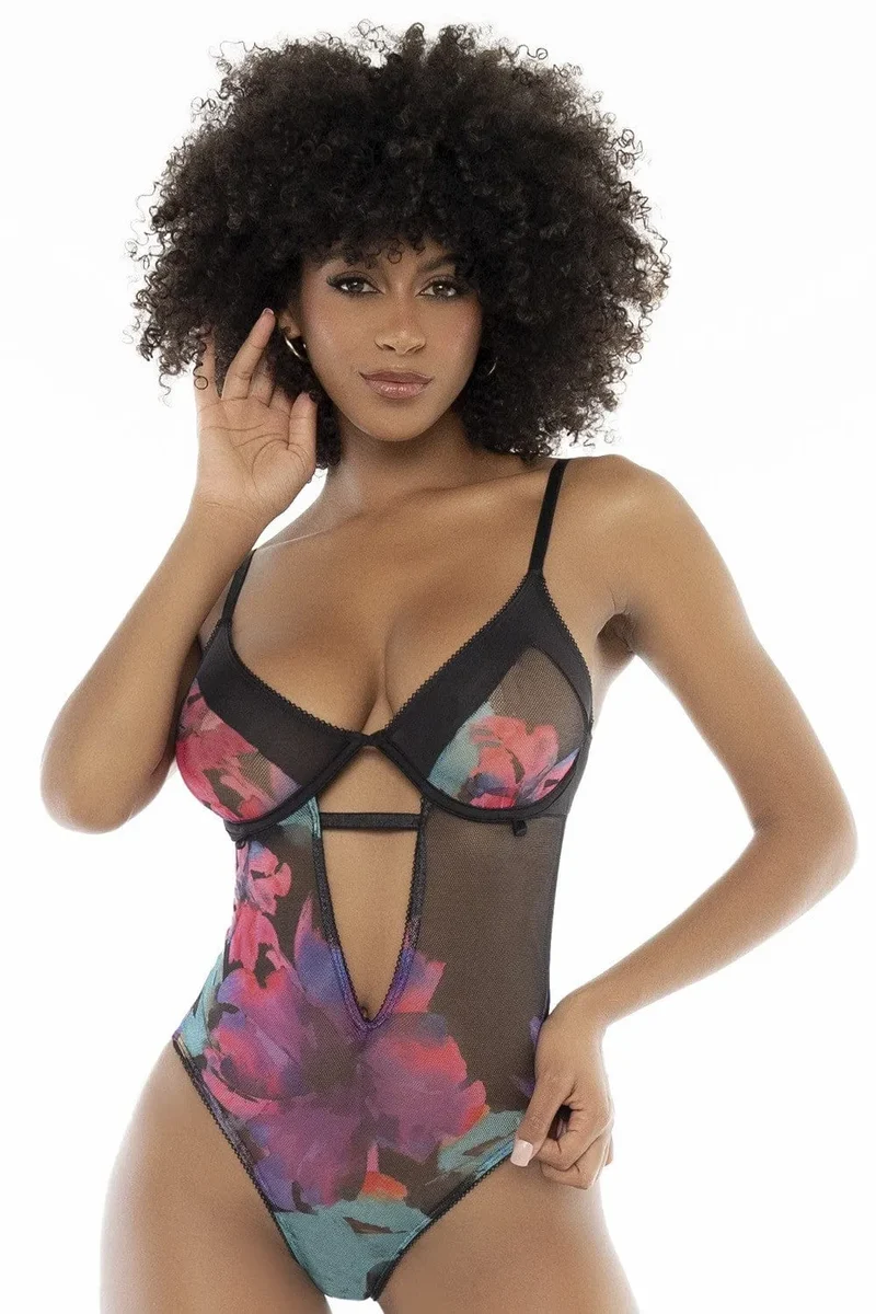 body noir imprimé fleurs exotiques élégant sophistiqué sexy bonnets armatures bretelles réglables soutien optimal silhouette galbée jarretelles amovibles