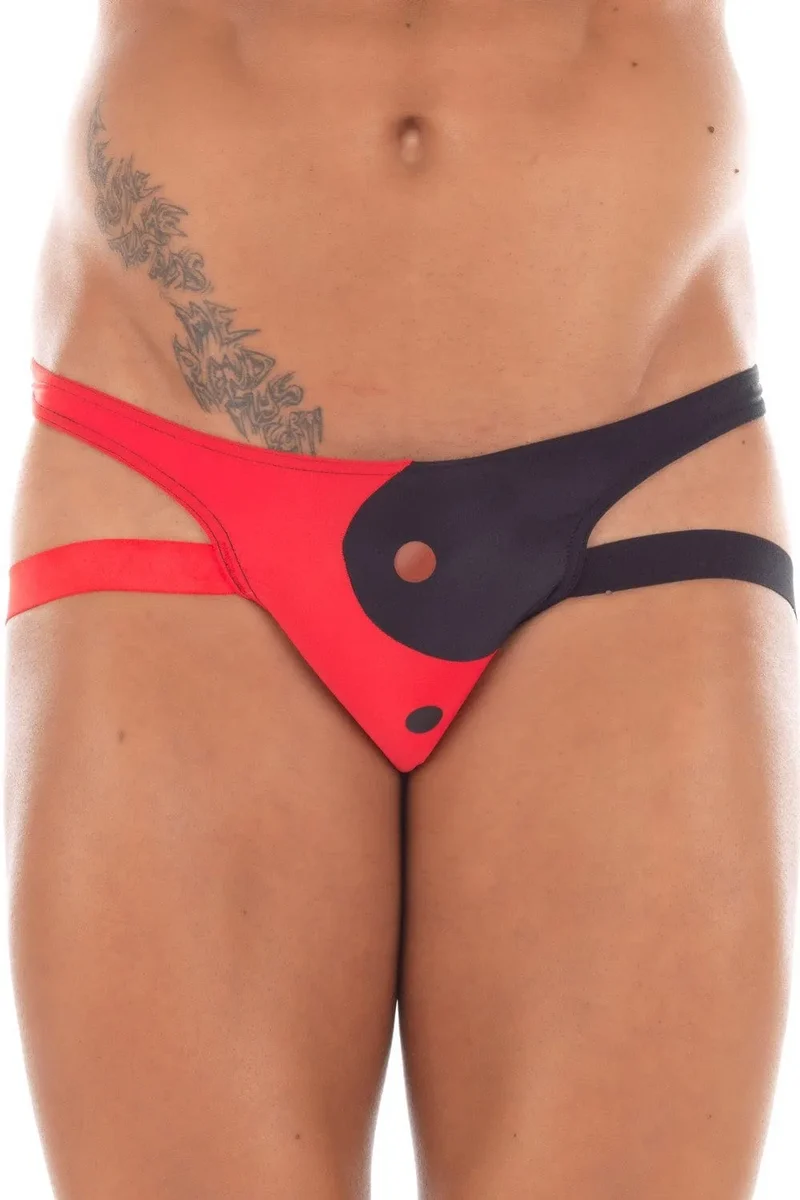 suspenseur homme rouge noir yin yang symbole élégant confortable extensible doux respirant sportif moderne séduction polyamide élasthanne