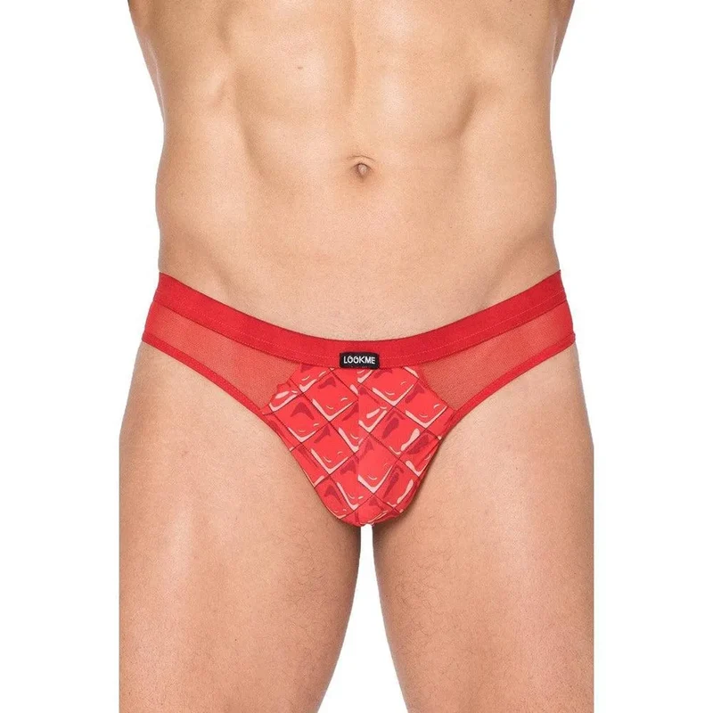 string tanga homme sexy rouge large ceinture élastique tissu opaque imprimé losanges résille transparente confortable polyamide élasthanne extensible
