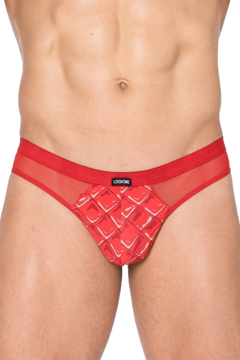 string tanga homme sexy rouge large ceinture élastique tissu opaque imprimé losanges résille transparente confortable polyamide élasthanne extensible