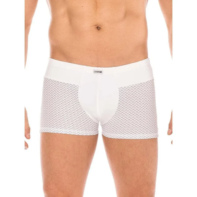 caleçon homme sexy boxer blanc ceinture large motifs géométriques noirs doux confortable respirant seconde peau polyamide spandex extensible