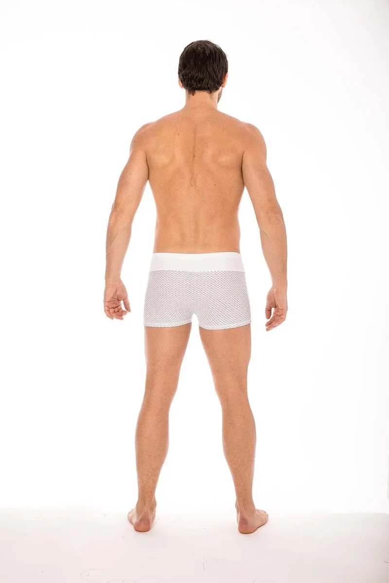 caleçon homme sexy boxer blanc ceinture large motifs géométriques noirs doux confortable respirant seconde peau polyamide spandex extensible