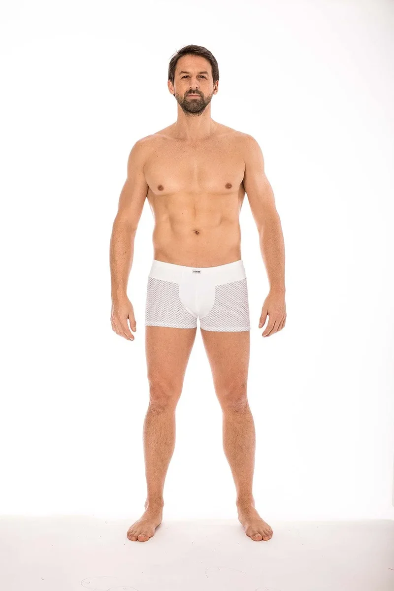caleçon homme sexy boxer blanc ceinture large motifs géométriques noirs doux confortable respirant seconde peau polyamide spandex extensible
