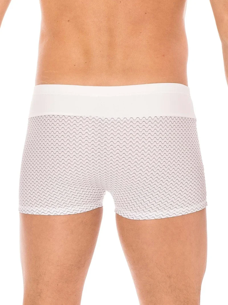 caleçon homme sexy boxer blanc ceinture large motifs géométriques noirs doux confortable respirant seconde peau polyamide spandex extensible
