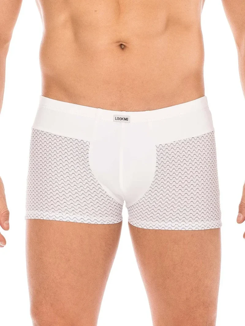 caleçon homme sexy boxer blanc ceinture large motifs géométriques noirs doux confortable respirant seconde peau polyamide spandex extensible