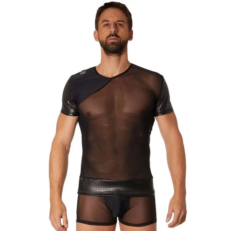 Tshirt noir transparent masculin maille fine avant arrière partie opaque mini sangle épaule manches courtes finition brillante polyester