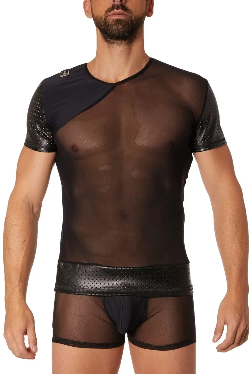 Tshirt noir transparent masculin maille fine avant arrière partie opaque mini sangle épaule manches courtes finition brillante polyester