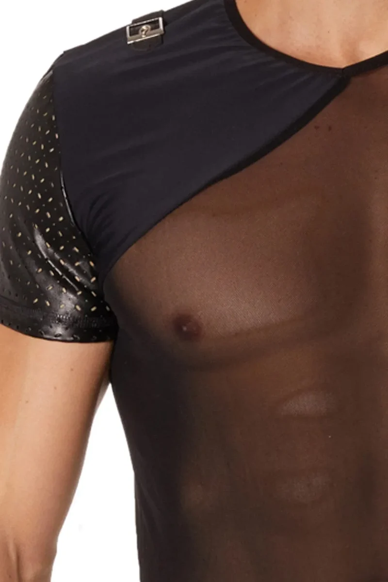 Tshirt noir transparent masculin maille fine avant arrière partie opaque mini sangle épaule manches courtes finition brillante polyester