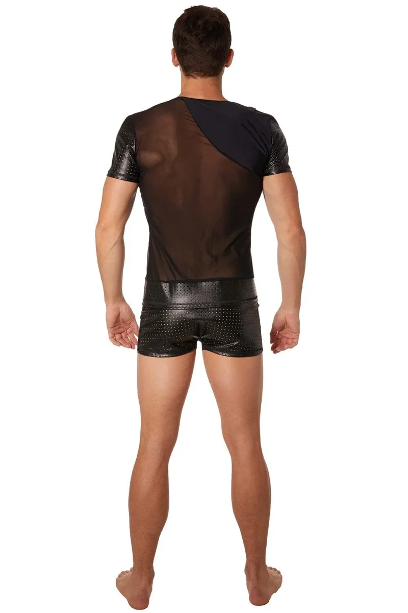 Tshirt noir transparent masculin maille fine avant arrière partie opaque mini sangle épaule manches courtes finition brillante polyester