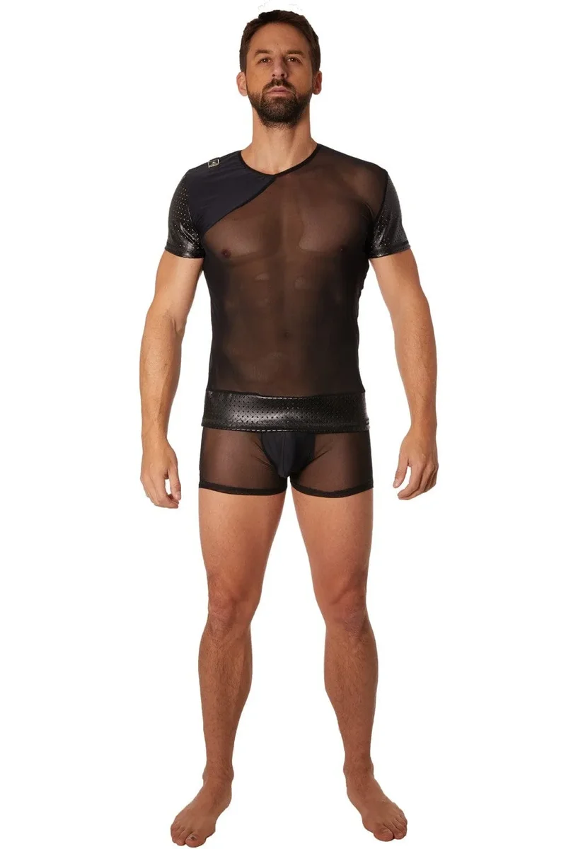 Tshirt noir transparent masculin maille fine avant arrière partie opaque mini sangle épaule manches courtes finition brillante polyester