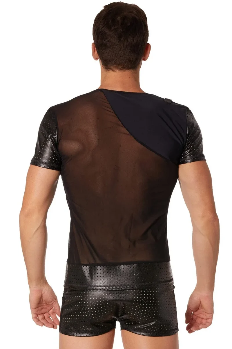 Tshirt noir transparent masculin maille fine avant arrière partie opaque mini sangle épaule manches courtes finition brillante polyester