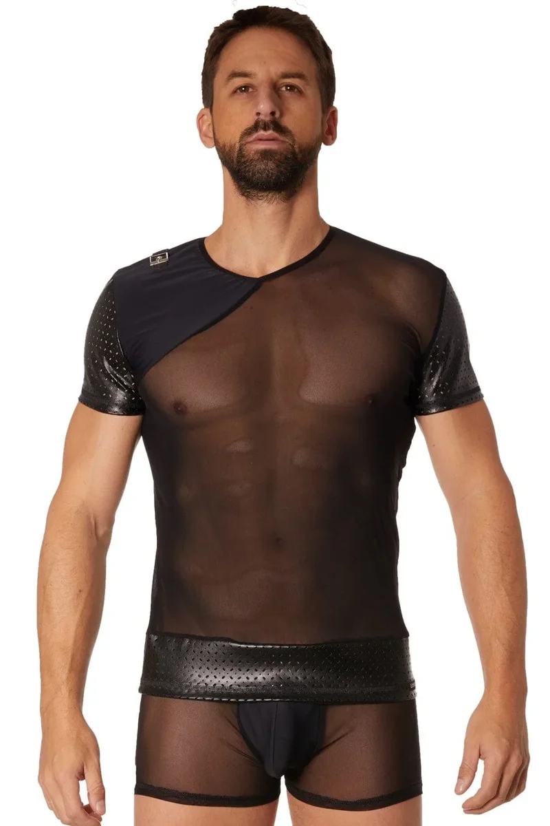 Tshirt noir transparent masculin maille fine avant arrière partie opaque mini sangle épaule manches courtes finition brillante polyester