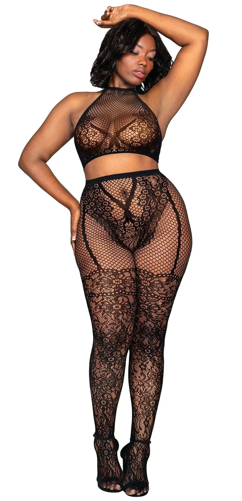 Ensemble lingerie dentelle grande taille Dreamgirl brassière résille dos nu attache nuque collants effet string jarretières cuissardes nylon élasthanne