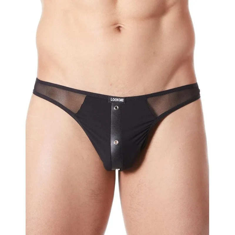 string sexy noir cuir transparent maille légère audacieuse partie avant opaque bande verticale anneaux métalliques élastique confortable séduction