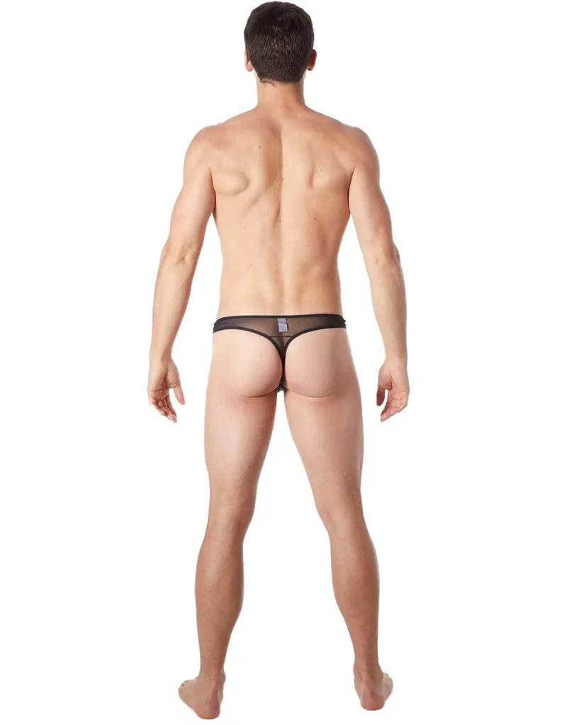 string sexy noir cuir transparent maille légère audacieuse partie avant opaque bande verticale anneaux métalliques élastique confortable séduction