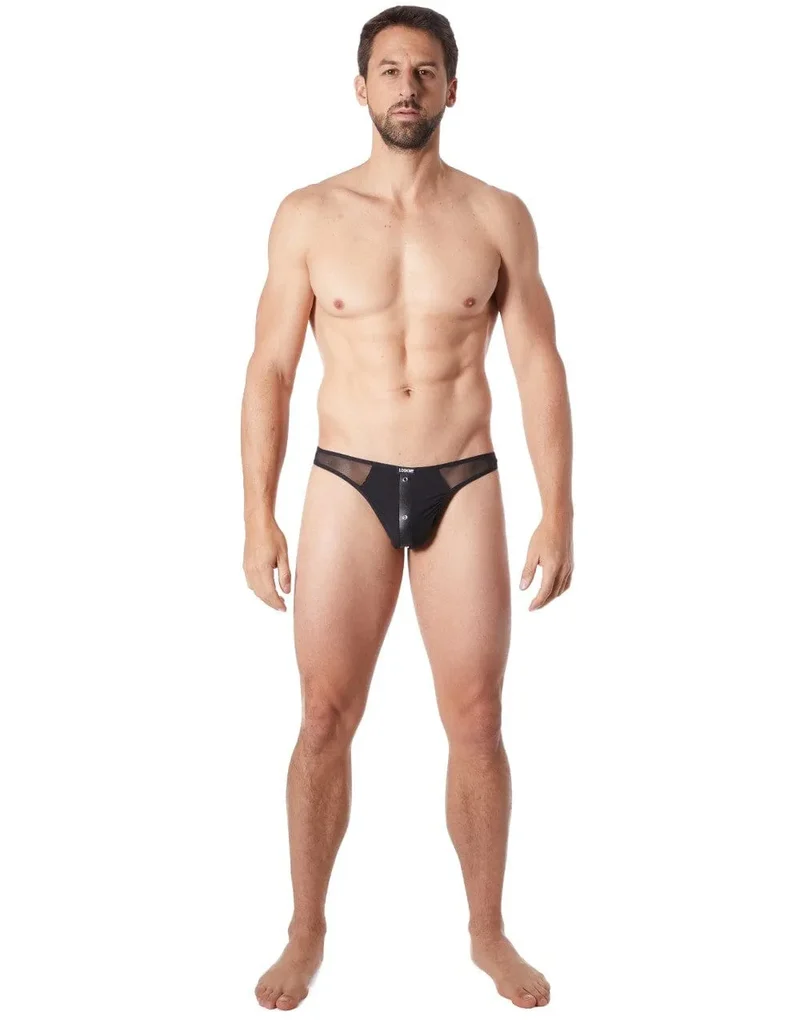 string sexy noir cuir transparent maille légère audacieuse partie avant opaque bande verticale anneaux métalliques élastique confortable séduction