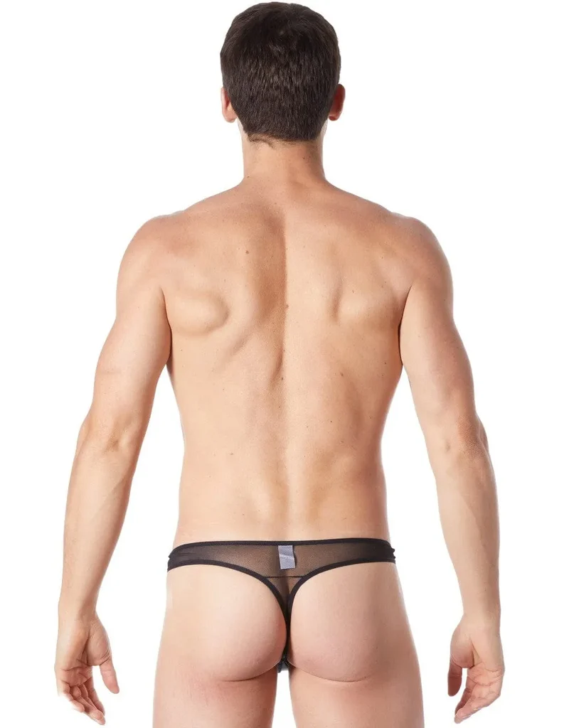 string sexy noir cuir transparent maille légère audacieuse partie avant opaque bande verticale anneaux métalliques élastique confortable séduction