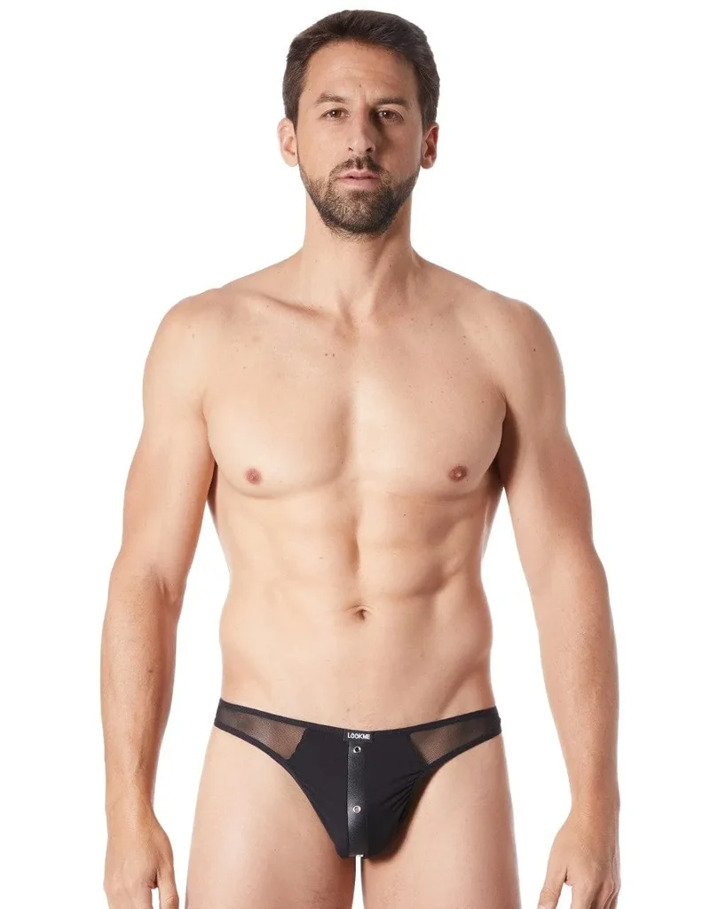 string sexy noir cuir transparent maille légère audacieuse partie avant opaque bande verticale anneaux métalliques élastique confortable séduction