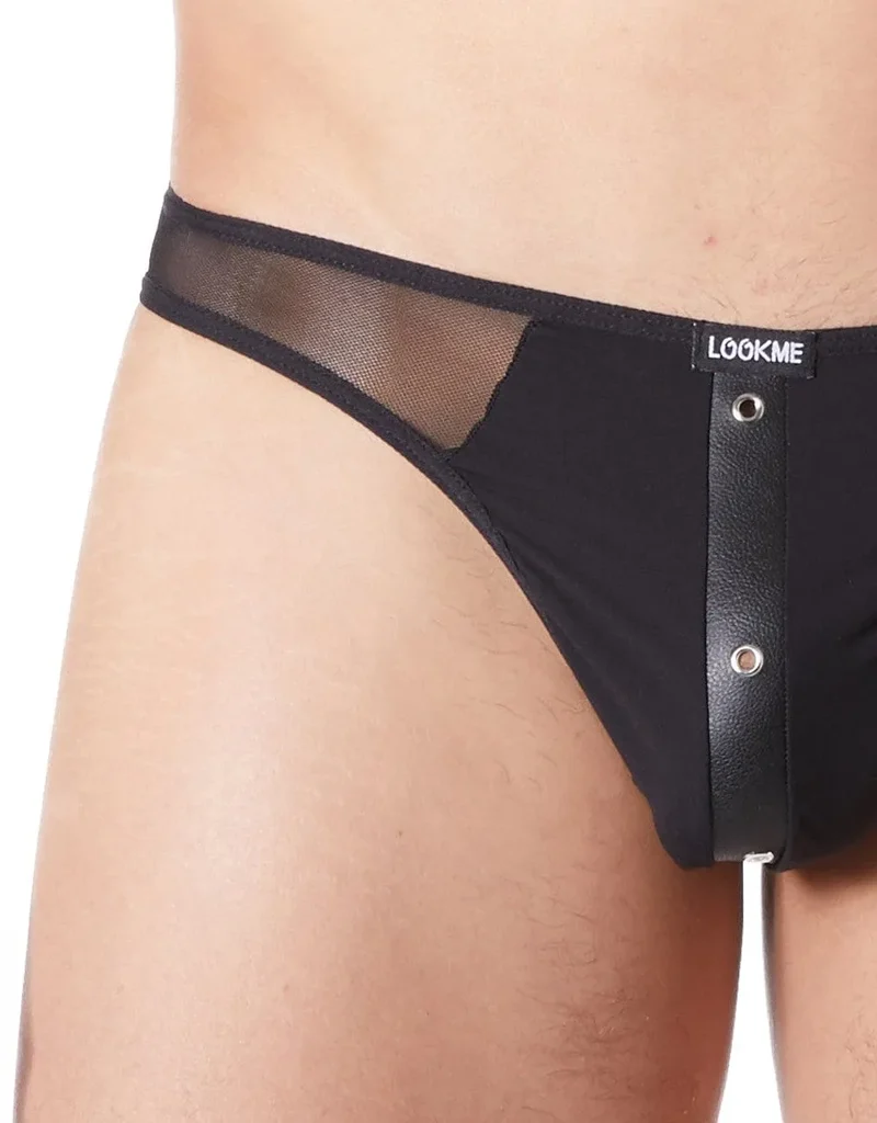 string sexy noir cuir transparent maille légère audacieuse partie avant opaque bande verticale anneaux métalliques élastique confortable séduction