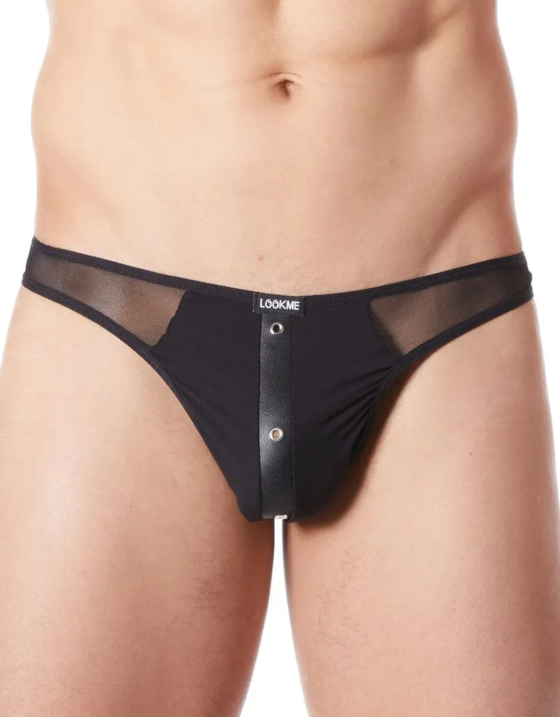string sexy noir cuir transparent maille légère audacieuse partie avant opaque bande verticale anneaux métalliques élastique confortable séduction