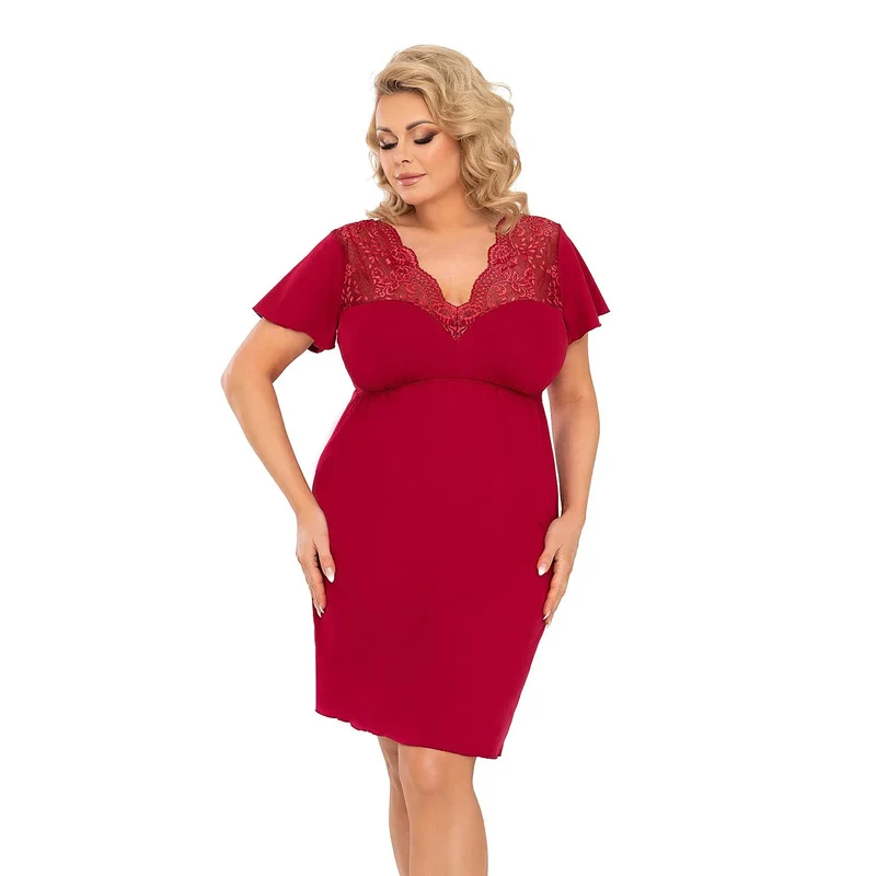 nuisette érotique dentelle tulle manches courtes décolleté profond soulignant silhouette viscose élasthanne polyamide doux fluide confortable rouge grande