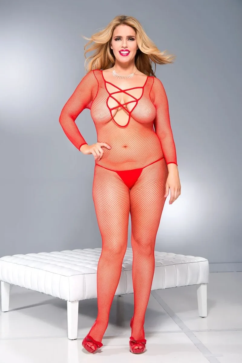 Combinaison sexy manches longues nylon extensible décolleté plongeant effet lacé entrejambe ouvert coupe moulante toucher doux durable soirée glamour