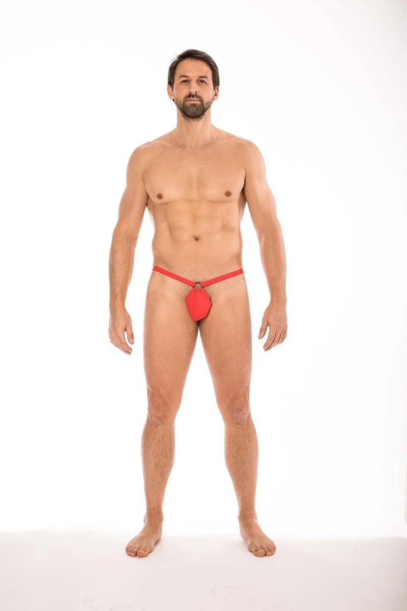 String rouge homme mini poche banane anneau dessus triangle arrière doux extensible polyamide élasthanne élégant intemporel confortable sexy