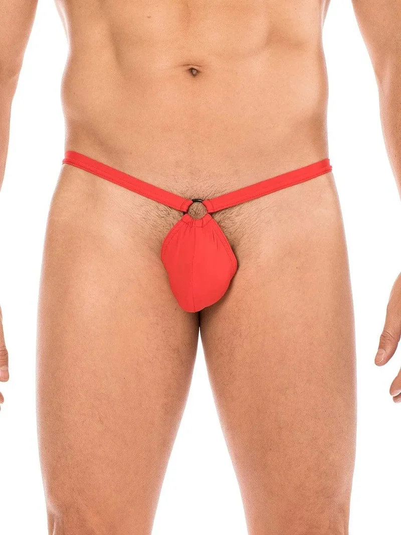 String rouge homme mini poche banane anneau dessus triangle arrière doux extensible polyamide élasthanne élégant intemporel confortable sexy
