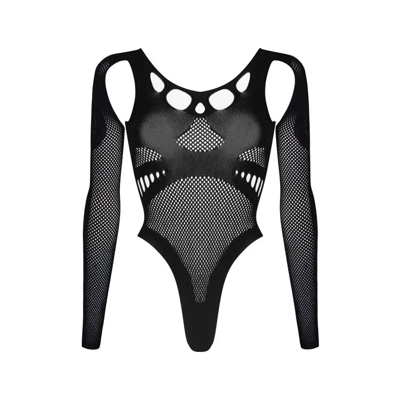 justaucorps noir sexy manches longues motifs géométriques maille transparente coupe haute tissu extensible sculptant confortable audacieux glamour soirée club européen