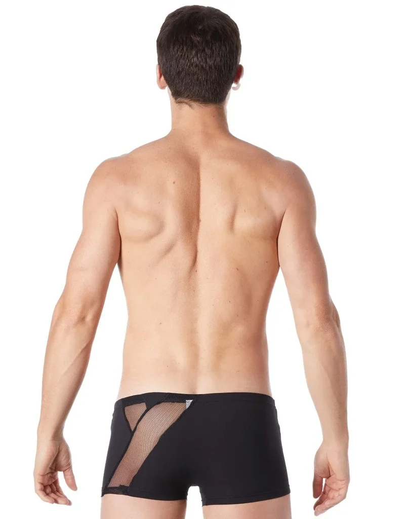Boxer Court Homme Noir Satiné Confort Bandes Fines Résille Devant Derrière Transparente Fermeture Éclair Décorative Extensible Doux Polyamide Élasthanne