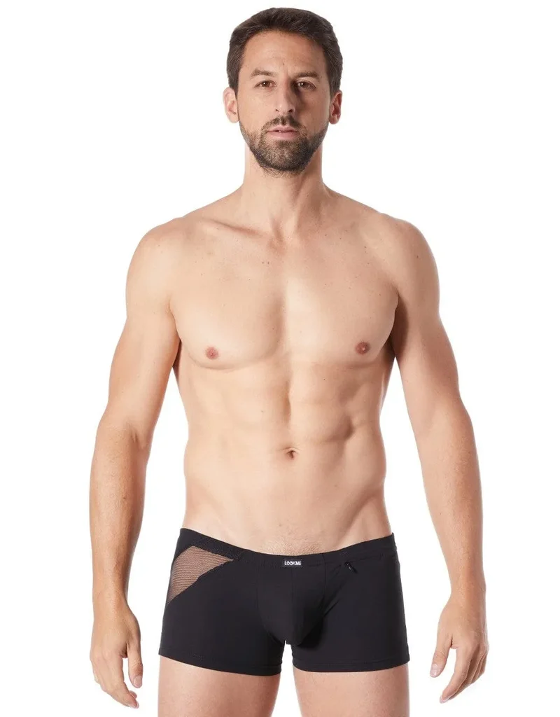 Boxer Court Homme Noir Satiné Confort Bandes Fines Résille Devant Derrière Transparente Fermeture Éclair Décorative Extensible Doux Polyamide Élasthanne