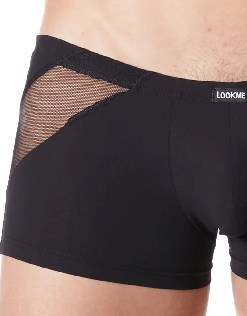Boxer Court Homme Noir Satiné Confort Bandes Fines Résille Devant Derrière Transparente Fermeture Éclair Décorative Extensible Doux Polyamide Élasthanne